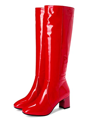 ORANDESIGNE Stiefel aus Lackleder Damen Lederstiefel Kalbsstiefel Lange Stiefel Langschaftstiefel Kniehoch Stiefel Blockabsatz Runde Zehenstiefel Sexy Zip Herbst Winter A Rot 41 EU von ORANDESIGNE