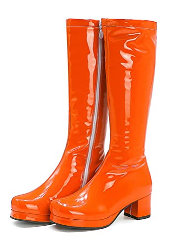 ORANDESIGNE Stiefel aus Lackleder Damen Lederstiefel Kalbsstiefel Lange Stiefel Langschaftstiefel Kniehoch Stiefel Blockabsatz Runde Zehenstiefel Sexy Zip Herbst Winter B Orange 37 EU von ORANDESIGNE