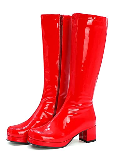 ORANDESIGNE Stiefel aus Lackleder Damen Lederstiefel Kalbsstiefel Lange Stiefel Langschaftstiefel Kniehoch Stiefel Blockabsatz Runde Zehenstiefel Sexy Zip Herbst Winter B Rot 40 EU von ORANDESIGNE