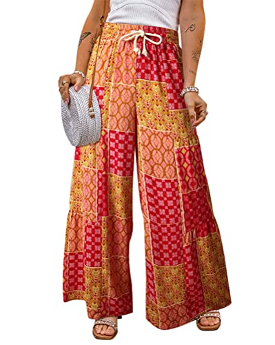 ORANDESIGNE Stoffhose Damen Sommer Leicht Boho Bunt Weites Bein Elegant Lässige Hosen Strandhose Hippie Palazzo Hose Blumen Freizeithose Bequeme Jogginghose Breite Schlaghose Kariert M von ORANDESIGNE