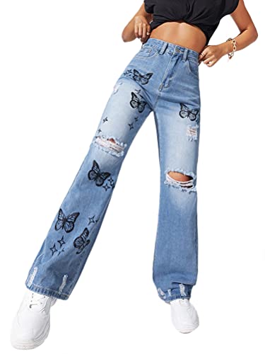 ORANDESIGNE Straight Leg Jeans Damen High Waist Vintage Jeanshose Baggy Schmetterling Hose Jeans Locker Streetwear Y2k Pants Denim Jeans Bootcut Casual Boyfriend Damenhose Freizeithose 01 Blau L von ORANDESIGNE