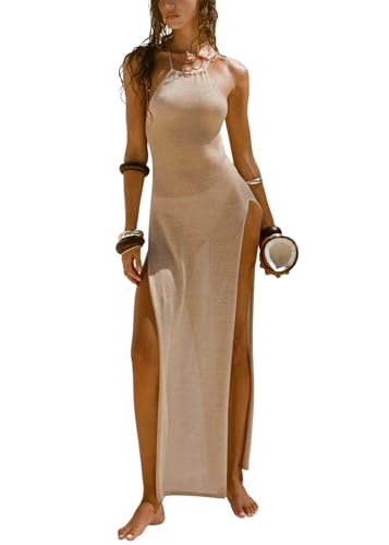 ORANDESIGNE Strandkleid Lang Damen Sommer Leicht Maxikleider Ärmellos Pareo Transparent Sommerkleid Cut Out Sexy Träger Rückenfreies Spaghetti Trägerkleid Boho Cover Up Bademode Beige M von ORANDESIGNE