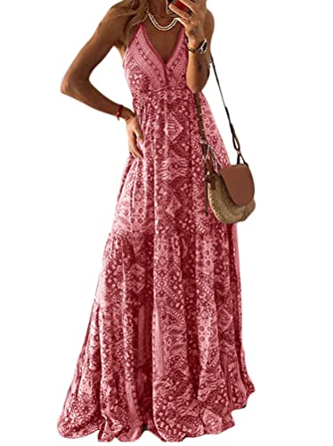 ORANDESIGNE Strandkleider Damen Sommer Lang Kleid Schulterfrei Ärmelloses Elegant Freizeitkleid Maxikleider Blumen Kleider Boho Sommerkleid Lang Strandkleid V-Ausschnitt Kleid C Rosa, M von ORANDESIGNE
