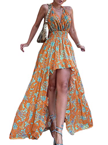 ORANDESIGNE Strandkleider Damen Sommer Lang Kleid Schulterfrei Ärmelloses Elegant Freizeitkleid Maxikleider Blumen Kleider Boho Sommerkleid Lang Strandkleid V-Ausschnitt Kleid E Orange M von ORANDESIGNE