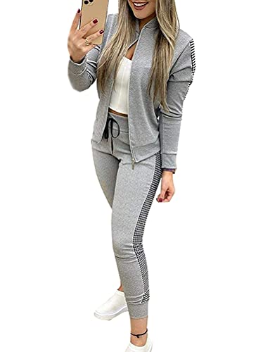 ORANDESIGNE Streatwear Trainingsanzüge Damen Zweiteiler Sportanzug Jogginganzug Freizeitanzug Patchwork Trainingsanzug Jacke Zipper Langarm Mantel Kordelzug Hose 2 Stück A Grau M von ORANDESIGNE