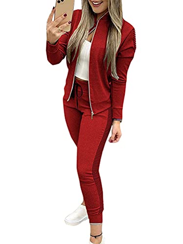 ORANDESIGNE Streatwear Trainingsanzüge Damen Zweiteiler Sportanzug Jogginganzug Freizeitanzug Patchwork Trainingsanzug Jacke Zipper Langarm Mantel Kordelzug Hose 2 Stück A Rot M von ORANDESIGNE