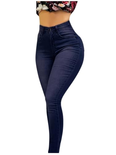 ORANDESIGNE Stretch Jeans Damen Jeans High Waist Denim Jeanshosen Skinny Slim Fit Röhrenjeans Bleistiftjean Lässige Pant Strecken Schlank Stylische Hosen F Dunkelblau L von ORANDESIGNE