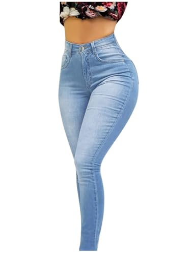 ORANDESIGNE Stretch Jeans Damen Jeans High Waist Denim Jeanshosen Skinny Slim Fit Röhrenjeans Bleistiftjean Lässige Pant Strecken Schlank Stylische Hosen F Hellblau M von ORANDESIGNE