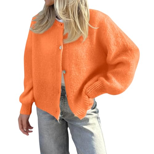 ORANDESIGNE Strickjacke Damen Fashion Cardigan Klamotten Teenager Mädchen Strickpullover mit Knöpfen B Orange L von ORANDESIGNE