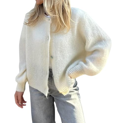 ORANDESIGNE Strickjacke Damen Fashion Cardigan Klamotten Teenager Mädchen Strickpullover mit Knöpfen B Weiß L von ORANDESIGNE