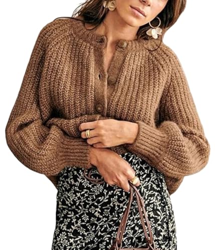ORANDESIGNE Strickjacke Damen Kurz Strick Cardigan Rundhals Knopfleiste Open Front Grobstrick Pullover Sweater Elegant Casual Langarm Strickpullover Y2K Top Stricken Herbst Winter A Braun M von ORANDESIGNE