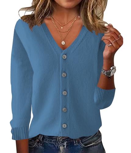 ORANDESIGNE Strickjacke Damen Kurz Strick Cardigan V-Ausschnitt Knopfleiste Open Front Strickpullover Gestrickt Cardigan Sweater Elegant Casual Schulterjacke Strickmantel Dünne Jacke Blau XXL von ORANDESIGNE