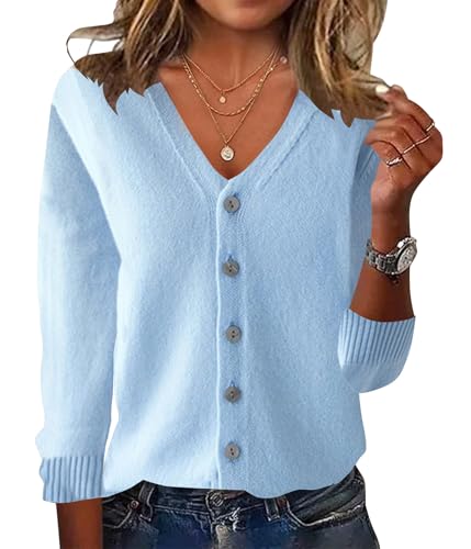 ORANDESIGNE Strickjacke Damen Kurz Strick Cardigan V-Ausschnitt Knopfleiste Open Front Strickpullover Gestrickt Cardigan Sweater Elegant Casual Schulterjacke Strickmantel Dünne Jacke Hellblau XS von ORANDESIGNE