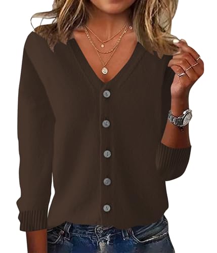 ORANDESIGNE Strickjacke Damen Kurz Strick Cardigan V-Ausschnitt Knopfleiste Open Front Strickpullover Gestrickt Cardigan Sweater Elegant Casual Schulterjacke Strickmantel Dünne Jacke Kaffee S von ORANDESIGNE
