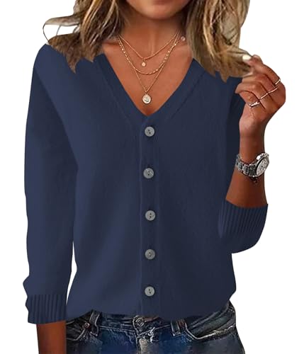 ORANDESIGNE Strickjacke Damen Kurz Strick Cardigan V-Ausschnitt Knopfleiste Open Front Strickpullover Gestrickt Cardigan Sweater Elegant Casual Schulterjacke Strickmantel Dünne Jacke Marine M von ORANDESIGNE