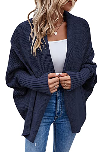 ORANDESIGNE Strickjacke Damen Lang Cardigan Basic Mäntel Herbst Winter Strickjacke Elegant Langarm Wasserfall Open Front Lang Casual Atmungsaktiv Wickelcardigan Strickcardigan E Navy Blau L von ORANDESIGNE