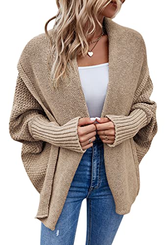ORANDESIGNE Strickjacke Damen Lang Cardigan Basic Mäntel Herbst und Winter Strickjacke Elegant Langarm Wasserfall Open Front Lang Casual Atmungsaktiv Wickelcardigan Strickcardigan E Khaki XL von ORANDESIGNE