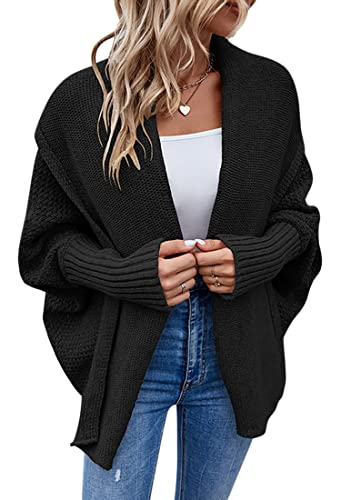 ORANDESIGNE Strickjacke Damen Lang Cardigan Basic Mäntel Herbst und Winter Strickjacke Elegant Langarm Wasserfall Open Front Lang Casual Atmungsaktiv Wickelcardigan Strickcardigan E Schwarz M von ORANDESIGNE