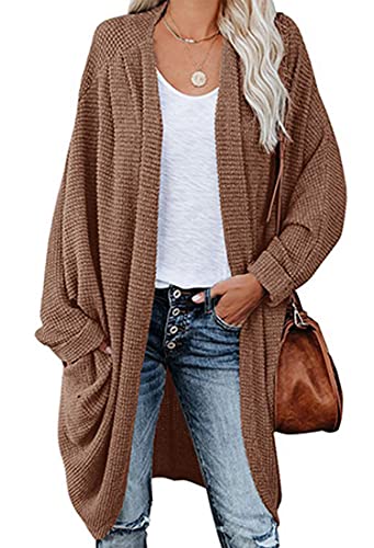 ORANDESIGNE Strickjacke Damen Lang Cardigan Basic Mäntel Herbst und Winter Strickjacke Elegant Langarm Wasserfall Open Front Lang Casual Einfarbig Atmungsaktiv A Braun XS von ORANDESIGNE