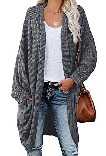 ORANDESIGNE Strickjacke Damen Lang Cardigan Basic Mäntel Herbst und Winter Strickjacke Elegant Langarm Wasserfall Open Front Lang Casual Einfarbig Atmungsaktiv A Dunkelgrau S von ORANDESIGNE