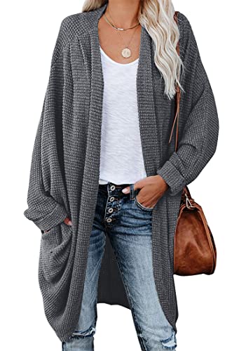ORANDESIGNE Strickjacke Damen Lang Cardigan Basic Mäntel Herbst und Winter Strickjacke Elegant Langarm Wasserfall Open Front Lang Casual Einfarbig Atmungsaktiv A Dunkelgrau XL von ORANDESIGNE