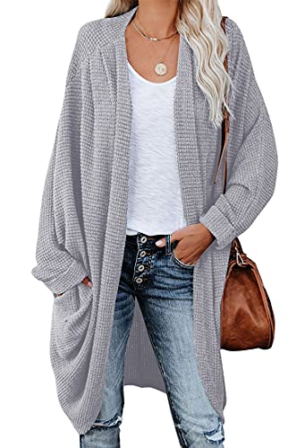 ORANDESIGNE Strickjacke Damen Lang Cardigan Basic Mäntel Herbst und Winter Strickjacke Elegant Langarm Wasserfall Open Front Lang Casual Einfarbig Atmungsaktiv A Grau L von ORANDESIGNE