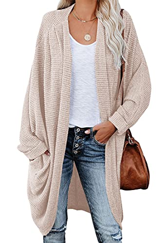 ORANDESIGNE Strickjacke Damen Lang Cardigan Basic Mäntel Herbst und Winter Strickjacke Elegant Langarm Wasserfall Open Front Lang Casual Einfarbig Atmungsaktiv Cardigan A Beige L von ORANDESIGNE