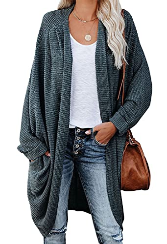 ORANDESIGNE Strickjacke Damen Lang Cardigan Basic Mäntel Herbst und Winter Strickjacke Elegant Langarm Wasserfall Open Front Lang Casual Einfarbig Atmungsaktiv A Dunkelgrün M von ORANDESIGNE