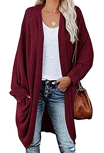 ORANDESIGNE Strickjacke Damen Lang Cardigan Basic Mäntel Herbst und Winter Strickjacke Elegant Langarm Wasserfall Open Front Lang Casual Einfarbig Atmungsaktiv Wickelcardigan A Rot M von ORANDESIGNE