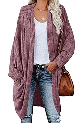 ORANDESIGNE Strickjacke Damen Lang Cardigan Basic Mäntel Herbst und Winter Strickjacke Elegant Langarm Wasserfall Open Front Lang Casual Einfarbig Atmungsaktiv Wickelcardigan A Violett L von ORANDESIGNE