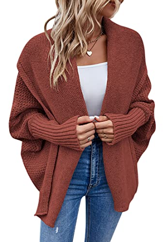 ORANDESIGNE Strickjacke Damen Lang Cardigan Basic Mäntel Herbst und Winter Strickjacke Elegant Langarm Wasserfall Open Front Lang Casual Einfarbig Atmungsaktiv Wickelcardigan Strickcardigan E Rot S von ORANDESIGNE