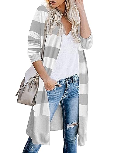 ORANDESIGNE Strickjacke Damen Lang Cardigan Strickmantel Gestreifter Farbblock Dünne Jacke Gestrickt Langarm Leicht Elegant Gestrickt Jacke Casual ÜBergangsjacke A grau XXL von ORANDESIGNE