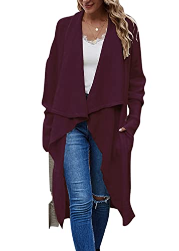 ORANDESIGNE Strickjacke Damen Lang Dünn Cardigan Elegant Modern Festlich Jacke Leicht Langarm Feinstrickjacke Longstrickjacke Herbst Winter Maxi Wickeljacke Strick Mantel Rotwein XL von ORANDESIGNE
