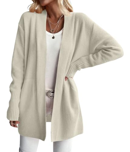ORANDESIGNE Strickjacke Damen Leicht Feinstrick Winterjacke Warm Langarm Strickpullover Lang Open Front Cardigan Pulli Schmal Elegant Lässige Strickmantel Freizeit Knit Sweaters Outwear Beige 3XL von ORANDESIGNE