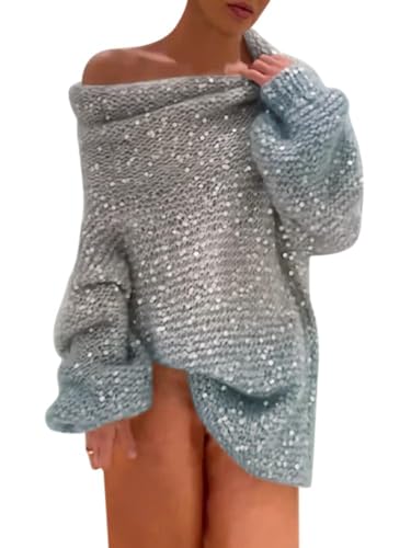 ORANDESIGNE Strickjacke Damen Pailletten Pullover Oversized Strick Cardigan Revers Reißverschluss Open Front Sweater Elegant Lockerer Grobstrick Pullover Strickmantel Zip Hoodie D Grau S von ORANDESIGNE
