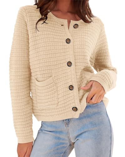 ORANDESIGNE Strickjacke Damen Rundhals Langarm Cardigan Elegant Einfarbig Kurz Strickmantel Pullover Herbst Winter Strickpullover Jacke mit Knopf Freizeitpullover A Beige L von ORANDESIGNE