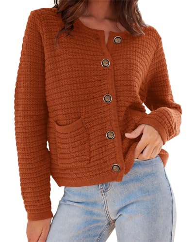 ORANDESIGNE Strickjacke Damen Rundhals Langarm Cardigan Elegant Einfarbig Kurz Strickmantel Pullover Herbst Winter Strickpullover Jacke mit Knopf Freizeitpullover A Karamell XS von ORANDESIGNE