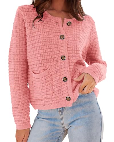 ORANDESIGNE Strickjacke Damen Rundhals Langarm Cardigan Elegant Einfarbig Kurz Strickmantel Pullover Herbst Winter Strickpullover Jacke mit Knopf Freizeitpullover A Rosa M von ORANDESIGNE