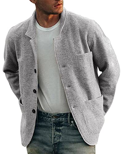 ORANDESIGNE Strickjacke Herren Cabanjacke Einfarbig Lange Ärmel Kragenloses Hemd Jacke Cardigan Langarm Warm Wintermantel Elegant Sweatjacke mit Taschen Casual Mantel Blouson A Hellgrau XXL von ORANDESIGNE