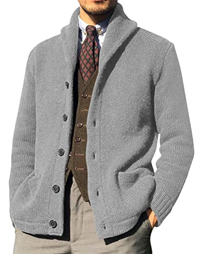 ORANDESIGNE Strickjacke Herren V Ausschnitt Kragenlos Cardigan Gestrickt Hemd Jacke Leicht Übergangsjacke B grau M von ORANDESIGNE