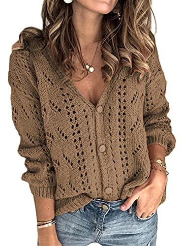 ORANDESIGNE Strickjacken Damen Pullover Strickjacke Einfarbig Sexy Hohler V-Ausschnitt Pullover Langarm Kurz Strickjacke Elegant Strick Mantel Open Front Cardigan mit Knopfleiste A Braun M von ORANDESIGNE