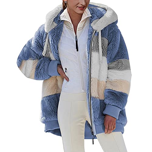 ORANDESIGNE Strickjacken Damen Teddy Fleecejacke Plüschjacke Kunstpelz Jacke Kapuzenjacke Strickjacke Faux Fur Pelzmantel Reißverschluss Fleece Mantel mit Kapuze Winterjacke A Blau S von ORANDESIGNE