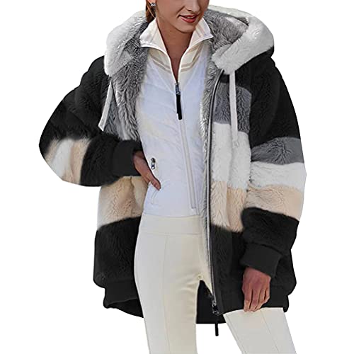 ORANDESIGNE Strickjacken Damen Teddy Fleecejacke Plüschjacke Kunstpelz Jacke Kapuzenjacke Strickjacke Faux Fur Pelzmantel Reißverschluss Fleece Mantel mit Kapuze Winterjacke A Schwarz 3XL von ORANDESIGNE