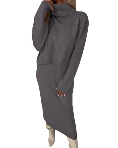 ORANDESIGNE Strickkleid Damen Sets Zweiteiliger Anzug Rollkragen Winterkleid Langarm Pullover und Maxi Strickrock Bodycon 2 Stück Set Midikleid Pullikleid Gestrickt Kleid Set A Grau XXL von ORANDESIGNE