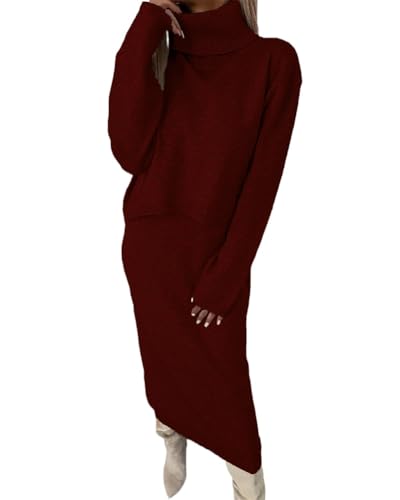 ORANDESIGNE Strickkleid Damen Sets Zweiteiliger Anzug Rollkragen Winterkleid Langarm Pullover und Maxi Strickrock Bodycon 2 Stück Set Midikleid Pullikleid Gestrickt Kleid Set A Weinrot XL von ORANDESIGNE