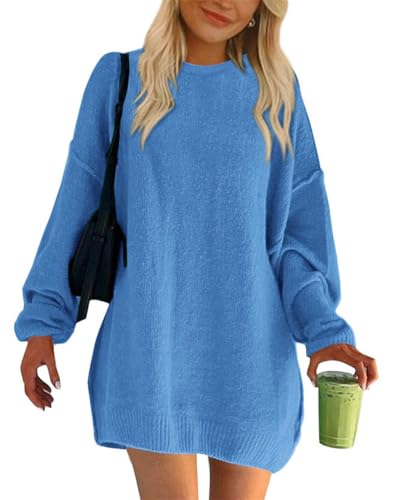 ORANDESIGNE Strickkleid Damen Winter Langarm Rundhals Minikleid Winterkleid Elegant Pullikleid Pulloverkleid Herbst Winter Einfarbig Lässiges Lange Pullover A Blau XL von ORANDESIGNE