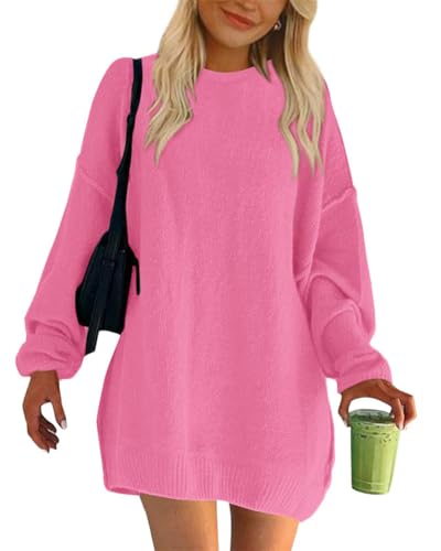 ORANDESIGNE Strickkleid Damen Winter Langarm Rundhals Minikleid Winterkleid Elegant Pullikleid Pulloverkleid Herbst Winter Einfarbig Lässiges Lange Pullover A Rosa XL von ORANDESIGNE