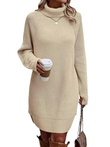 ORANDESIGNE Strickkleid Damen Winter Pulloverkleid Langarm Winterkleid Elegant Rollkragen Mini Strickpullover Herbst Winterkleidung Freizeit Kleid A Aprikose L von ORANDESIGNE