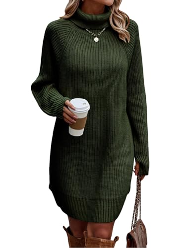 ORANDESIGNE Strickkleid Damen Winter Pulloverkleid Langarm Winterkleid Elegant Rollkragen Mini Strickpullover Herbst Winterkleidung Freizeit Kleid A Armeegrün M von ORANDESIGNE