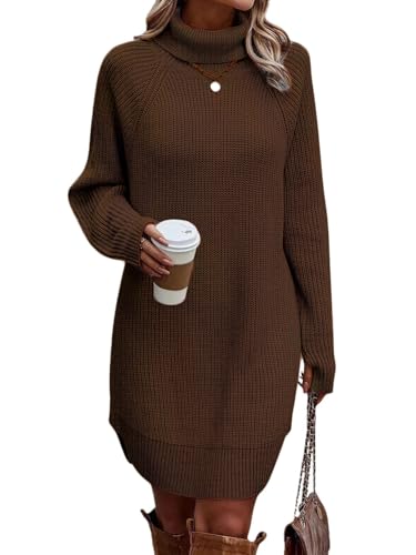 ORANDESIGNE Strickkleid Damen Winter Pulloverkleid Langarm Winterkleid Elegant Rollkragen Mini Strickpullover Herbst Winterkleidung Freizeit Kleid A Dunkelbraun M von ORANDESIGNE